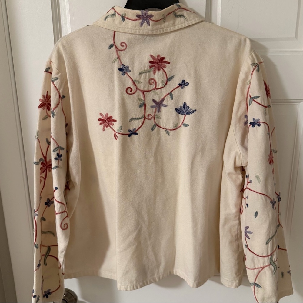 Vintage BFA Classics Ivory Floral Embroidered Canvas Shirt Jacket Cottagecore 2X - Picture 4 of 6